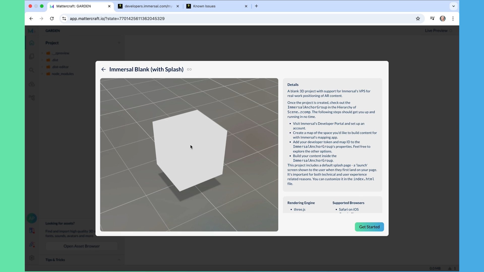 A 3D modeling interface displaying a blank hexagonal shape with project setup details for an Immersal VPS-based AR scene.