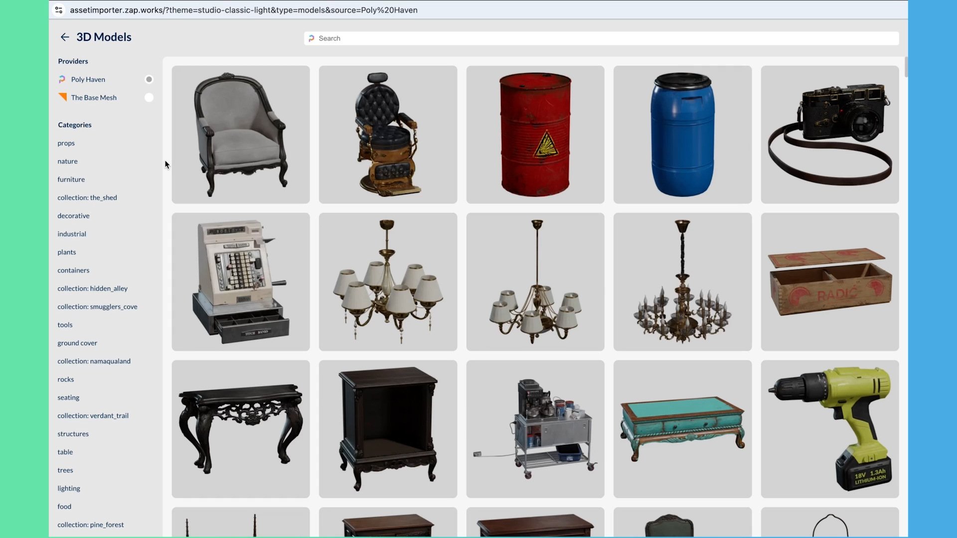 A 3D asset library displaying various models, including furniture, props, and industrial items, from sources like Poly Haven