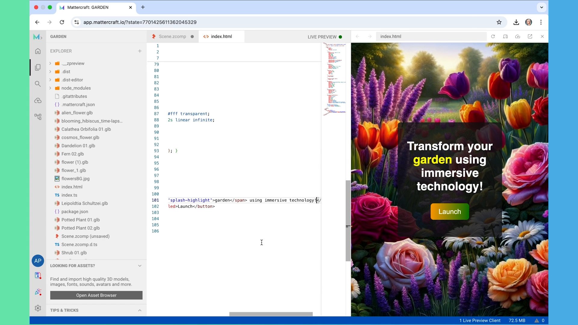 A code editor in Mattercraft showing HTML and CSS for a splash page, alongside a preview with colorful flowers and a "Launch" button.