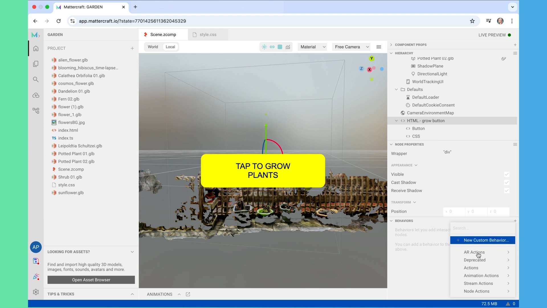 A 3D modeling interface in Mattercraft with a virtual garden, showing a yellow "TAP TO GROW PLANTS" button overlay.